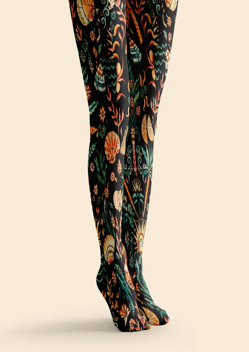 Black Seashell Botanical Print Tights Hosiery Pantyhose