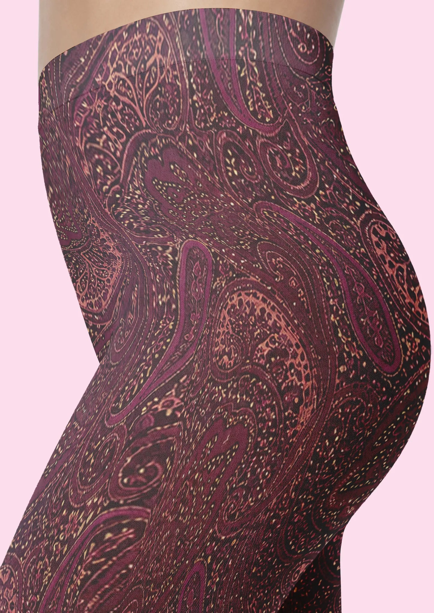 Purple Red Paisley Print Capri Tights Hosiery Pantyhose