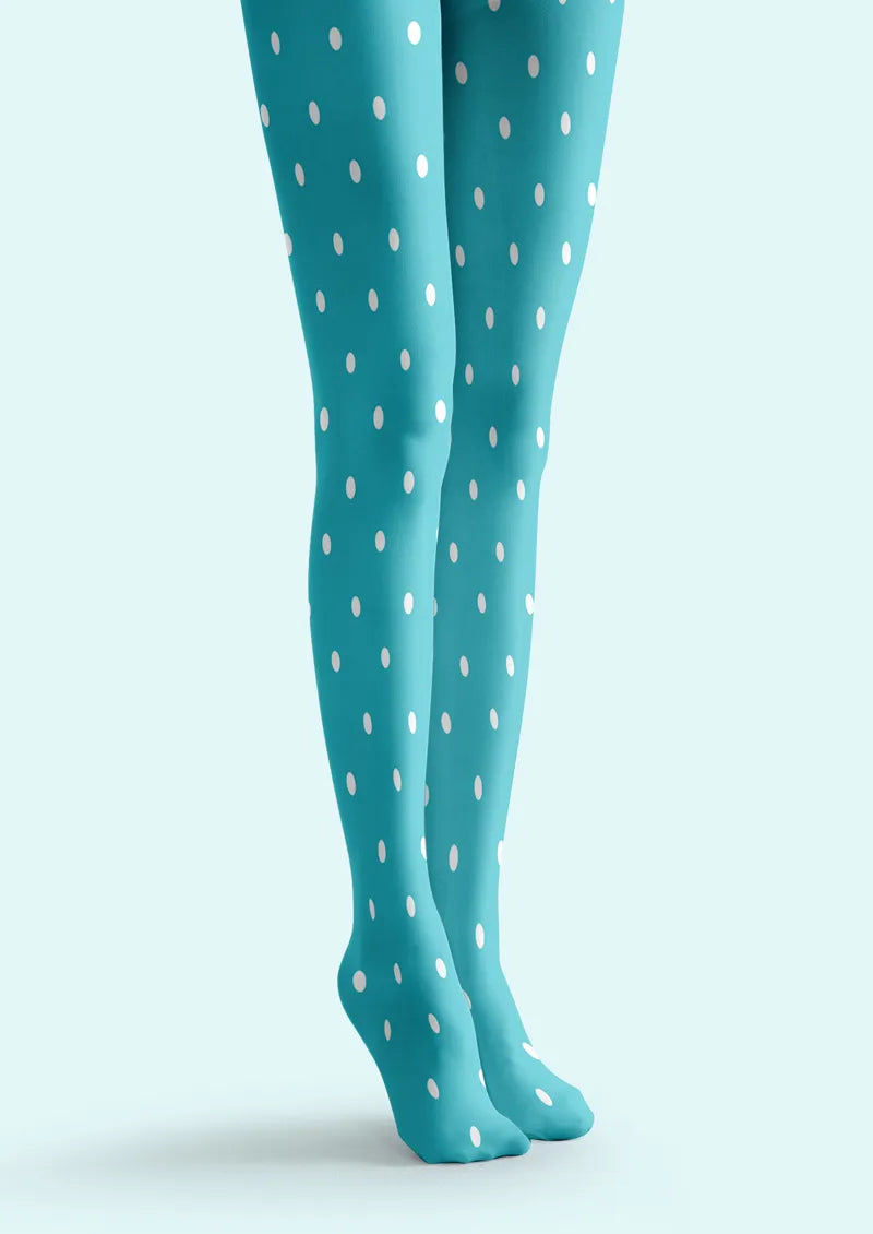 Turquoise White Polka Dot Print Tights Hosiery Pantyhose