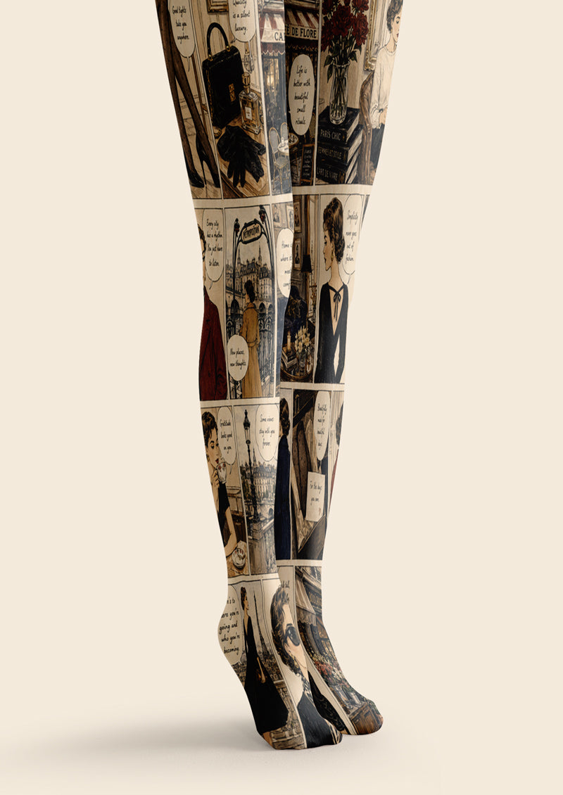 Beige Paris Comic Collage Tights