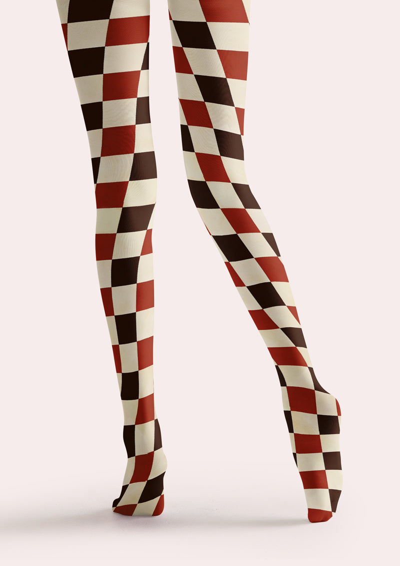 Red Brown Checkerboard Printed Tights Hosiery Pantyhose