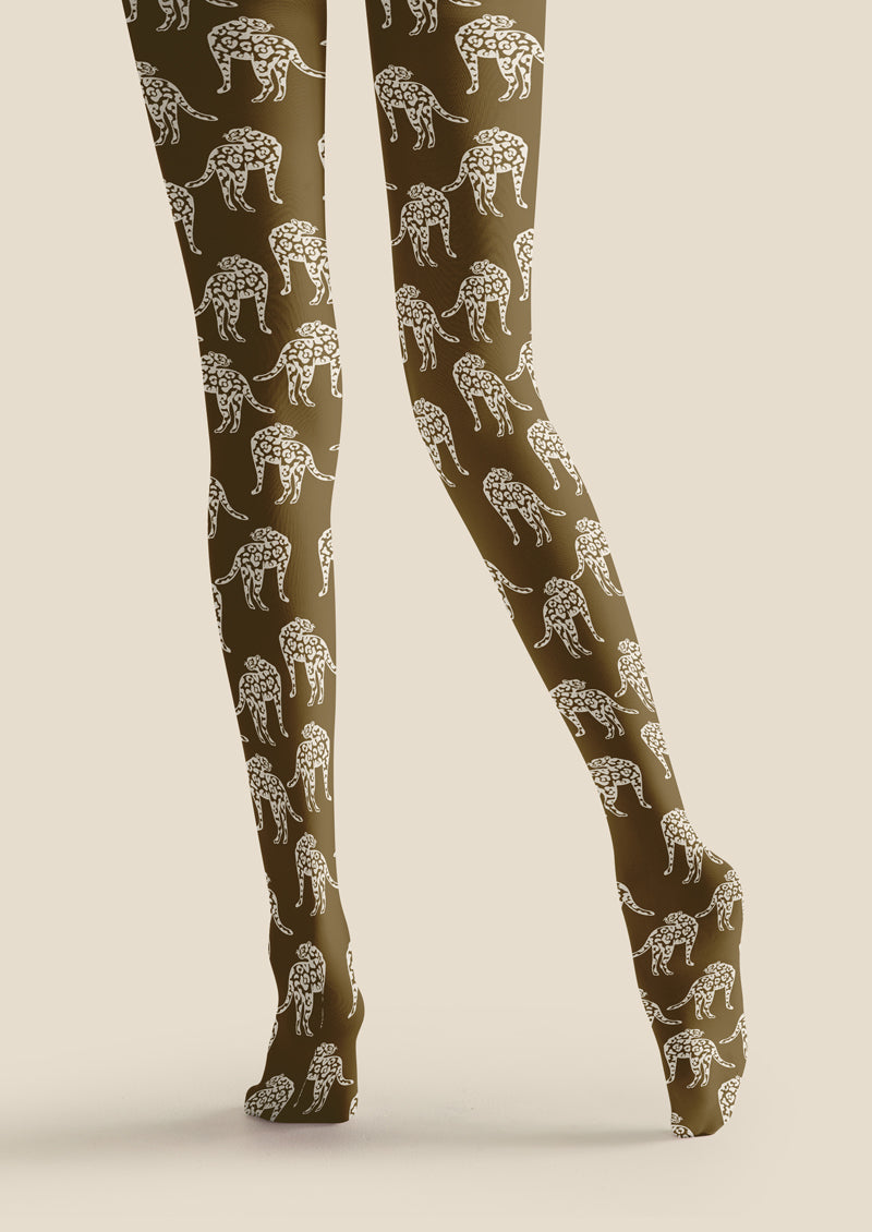 Olive Green Leopard Print Tights Hosiery Pantyhose