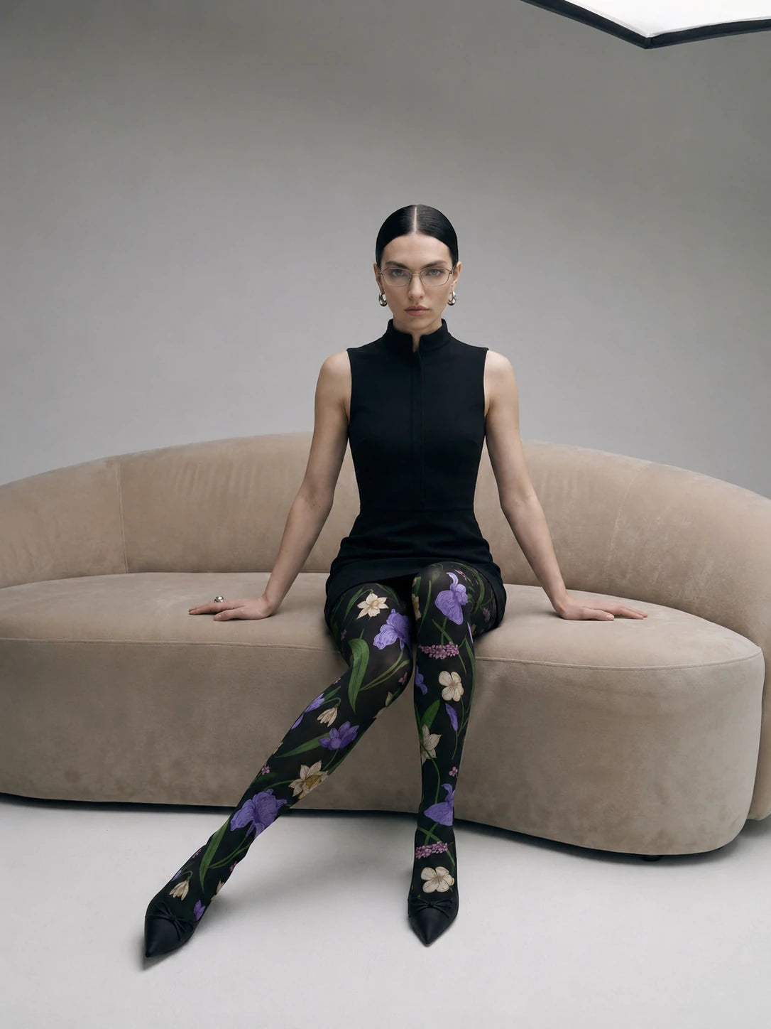 Black Iris Botanical Floral Tights Hosiery Pantyhose