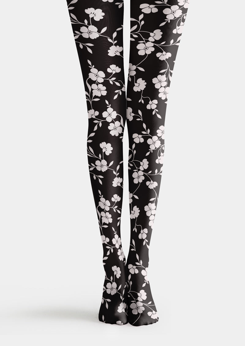 Black White Floral Printed Tights Hosiery Pantyhose