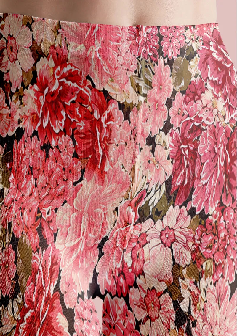 Dense Crimson Pink Floral Print Tights Hosiery Pantyhose
