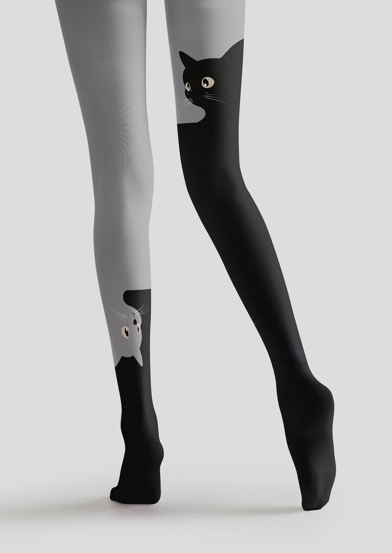 Two Tone Cat Print Tights Hosiery Pantyhose