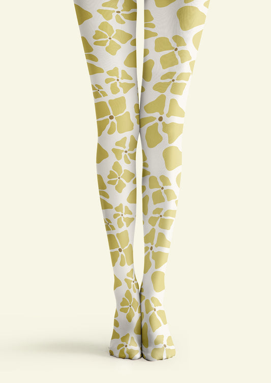 White Yellow Floral Tights Hosiery Pantyhose