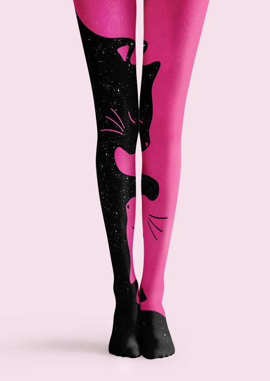 Pink Black Cat Printed Tights Hosiery Pantyhose