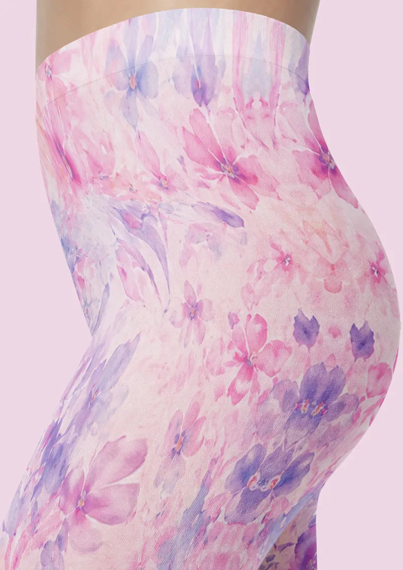 Pastel Watercolor Floral Print Footless Tights Hosiery Leggings