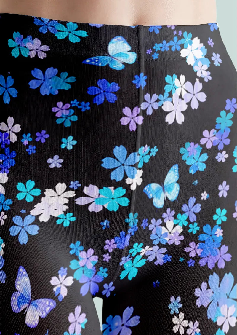 Black Blue Butterfly Floral Tights