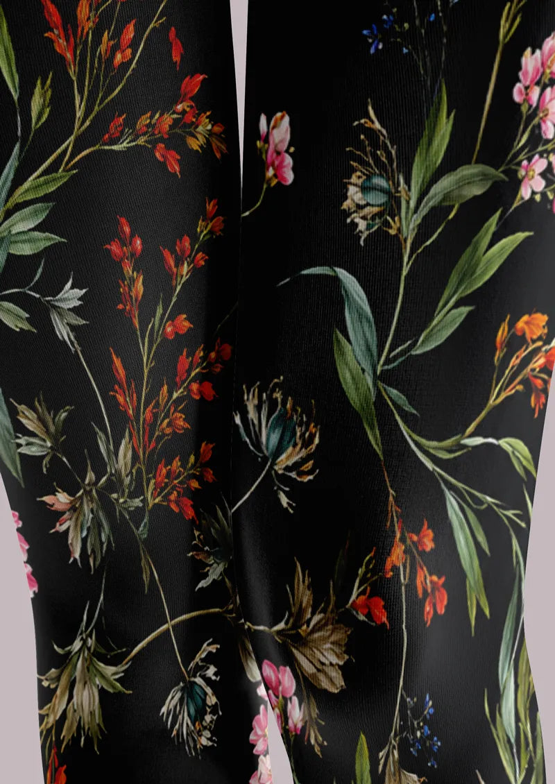 Midnight Wildflower Floral Print Footless Tights Hosiery Leggings