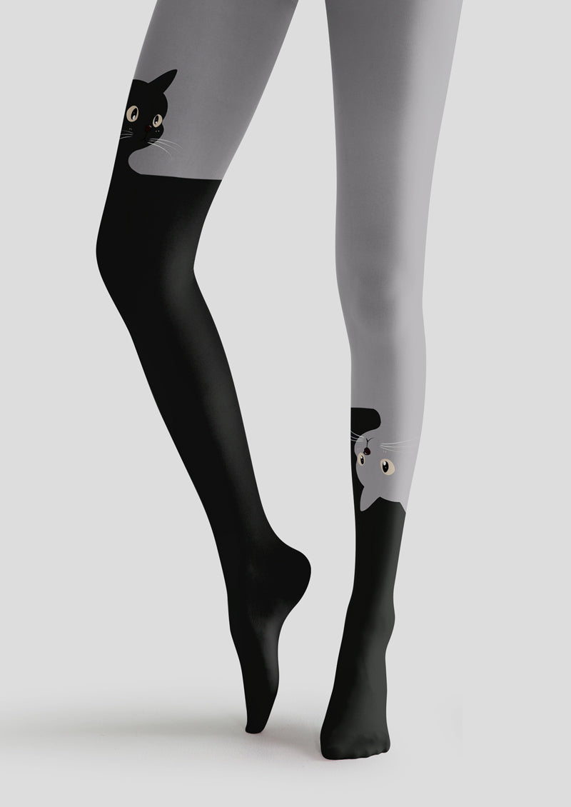 Two Tone Cat Print Tights Hosiery Pantyhose