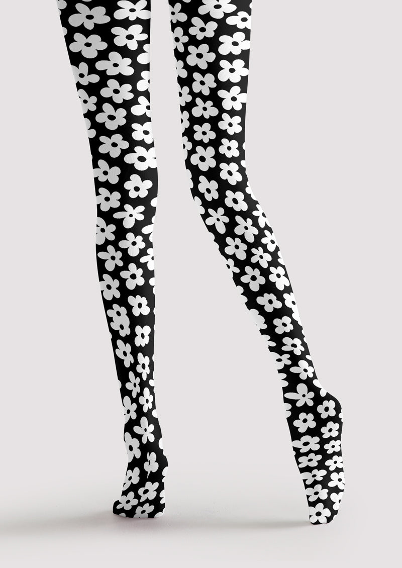 Black White Daisy Tights Hosiery Pantyhose