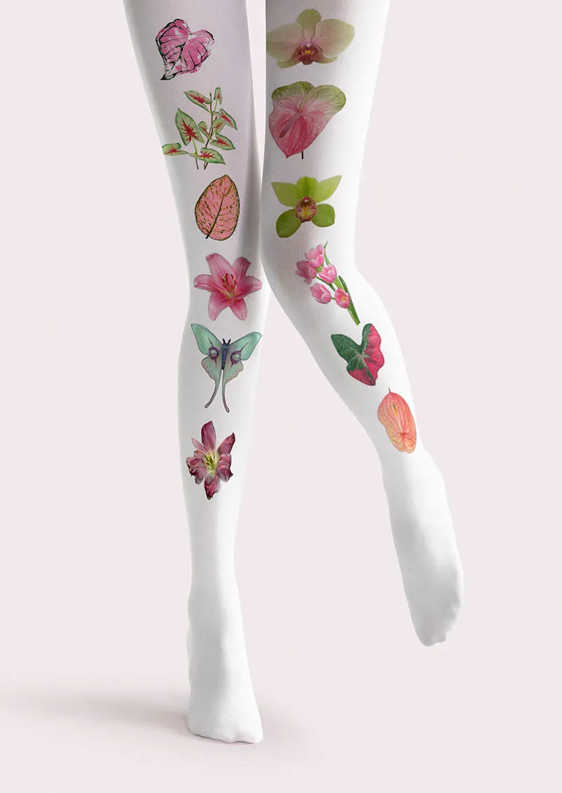 White Botanical Collage Y2K Style Tights Hosiery Pantyhose