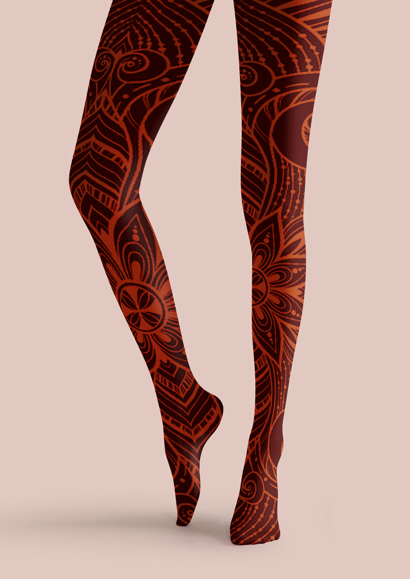 Red Brown Mandala Tattoo Tights Hosiery Pantyhose