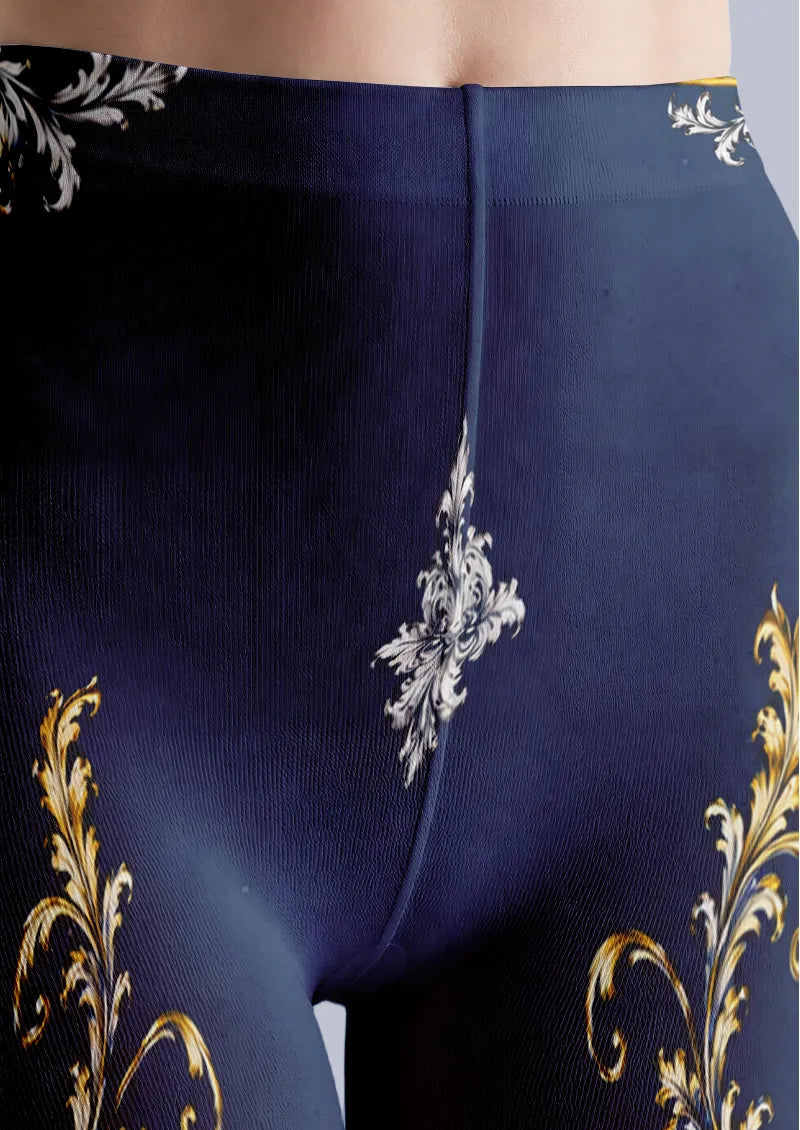 Navy Gold Baroque Scroll Print Tights Hosiery Pantyhose