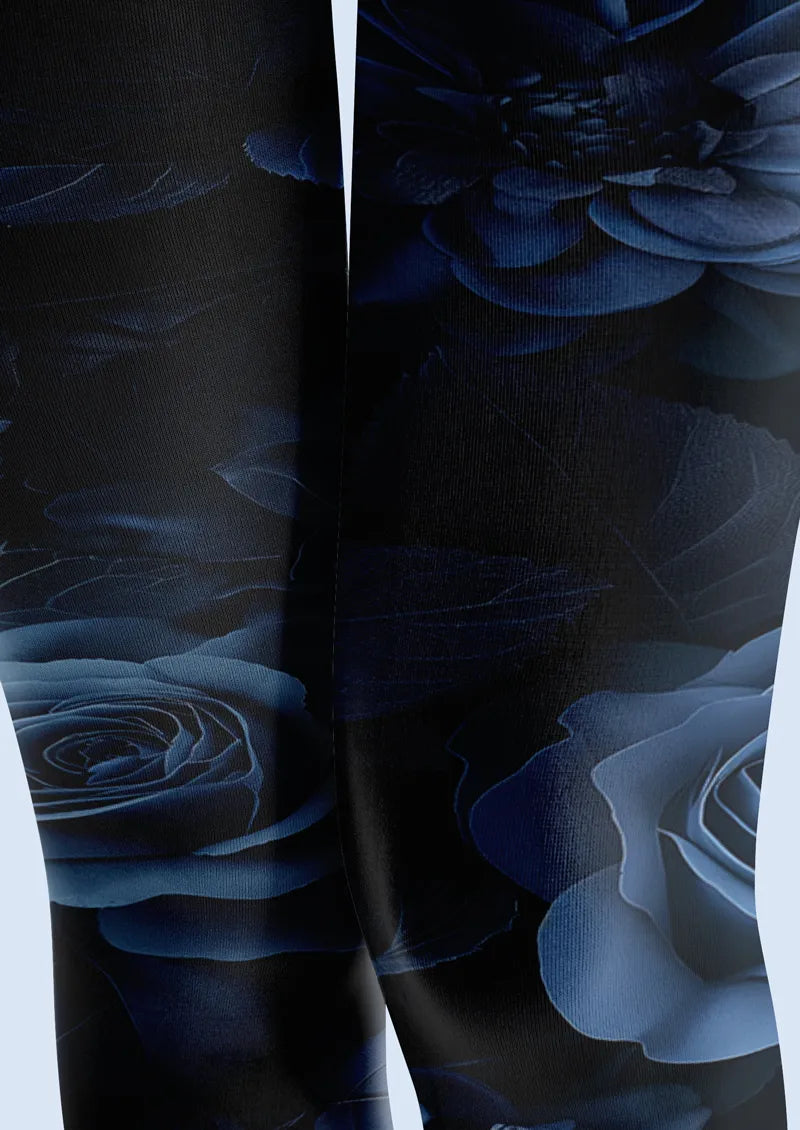 Midnight Blue Rose Floral Print Footless Tights Hosiery Leggings