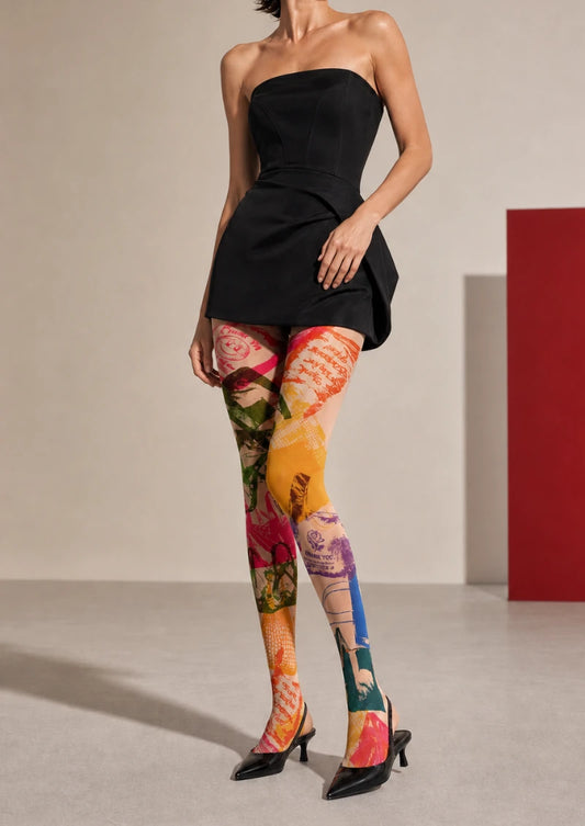 Beige Graphic Collage Tights