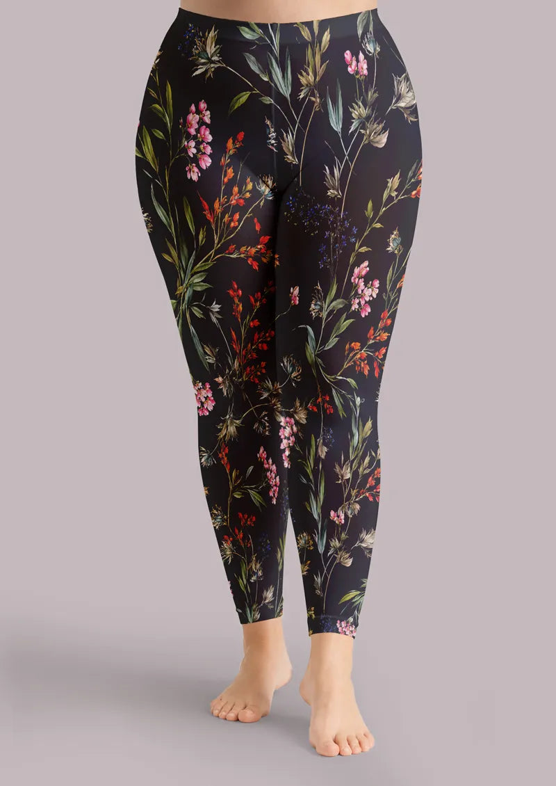 Midnight Wildflower Floral Print Footless Tights Hosiery Leggings