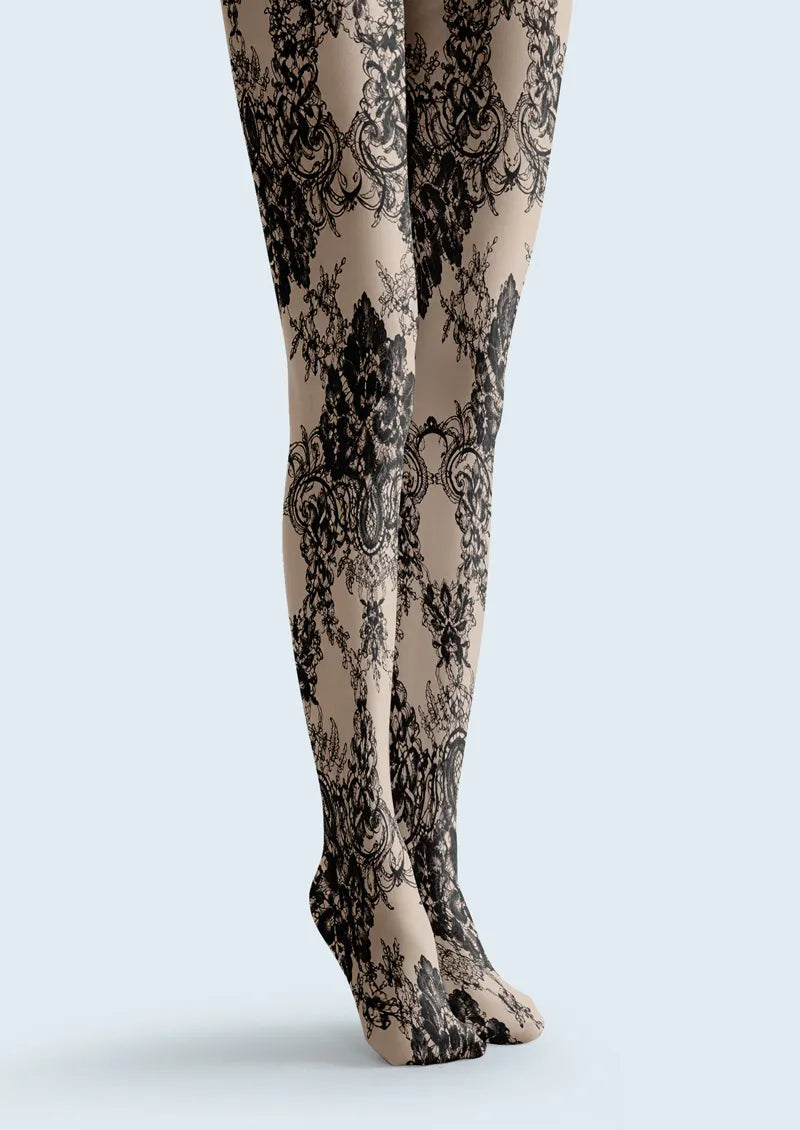 Black Ornamental Baroque Floral Print Tights Hosiery Pantyhose