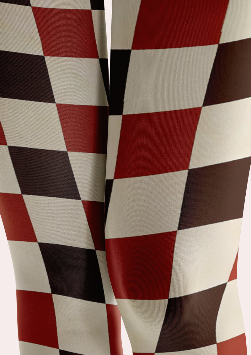 Red Brown Checkerboard Printed Tights Hosiery Pantyhose
