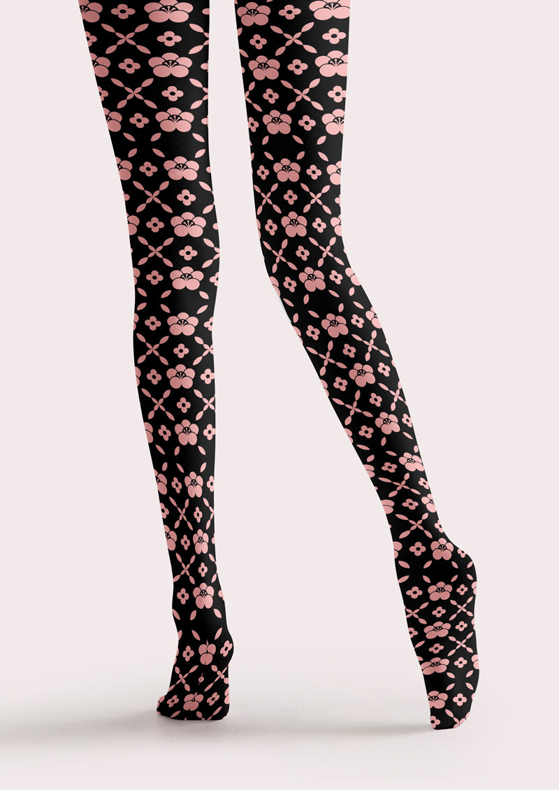 Pink Black Four-Leaf Flower Printed Tights Hosiery Pantyhose