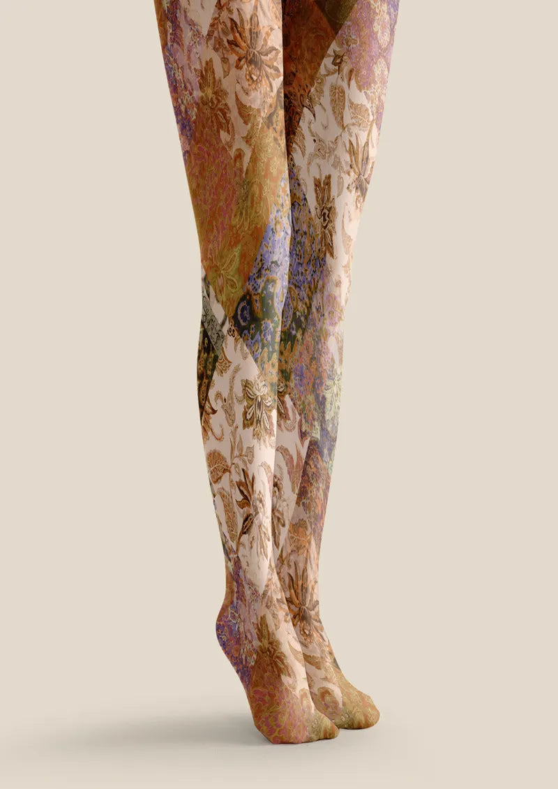 Ivory Gold Baroque Floral Tights Hosiery Pantyhose