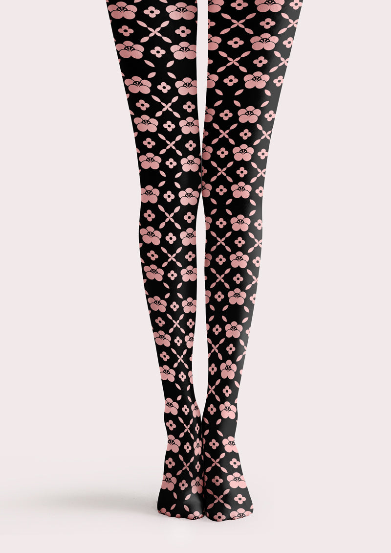 Pink Black Four-Leaf Flower Printed Tights Hosiery Pantyhose