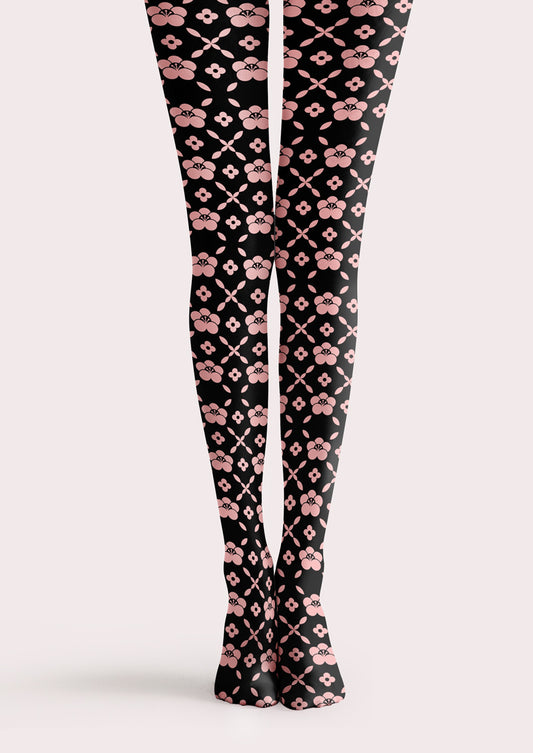 Pink Black Four-Leaf Flower Printed Tights Hosiery Pantyhose
