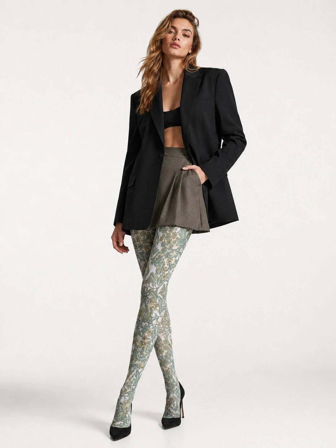 Sage Botanical Vine Floral Tights Hosiery Pantyhose
