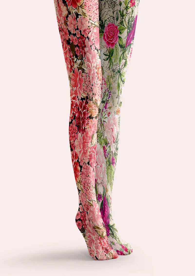 Two-Tone Split Peony and Botanical Floral Print Tights Hosiery Pantyhose