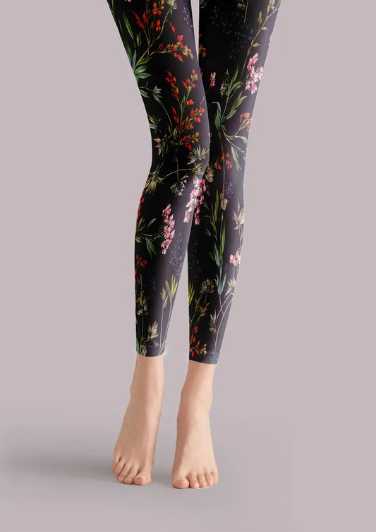 Midnight Wildflower Floral Print Footless Tights Hosiery Leggings