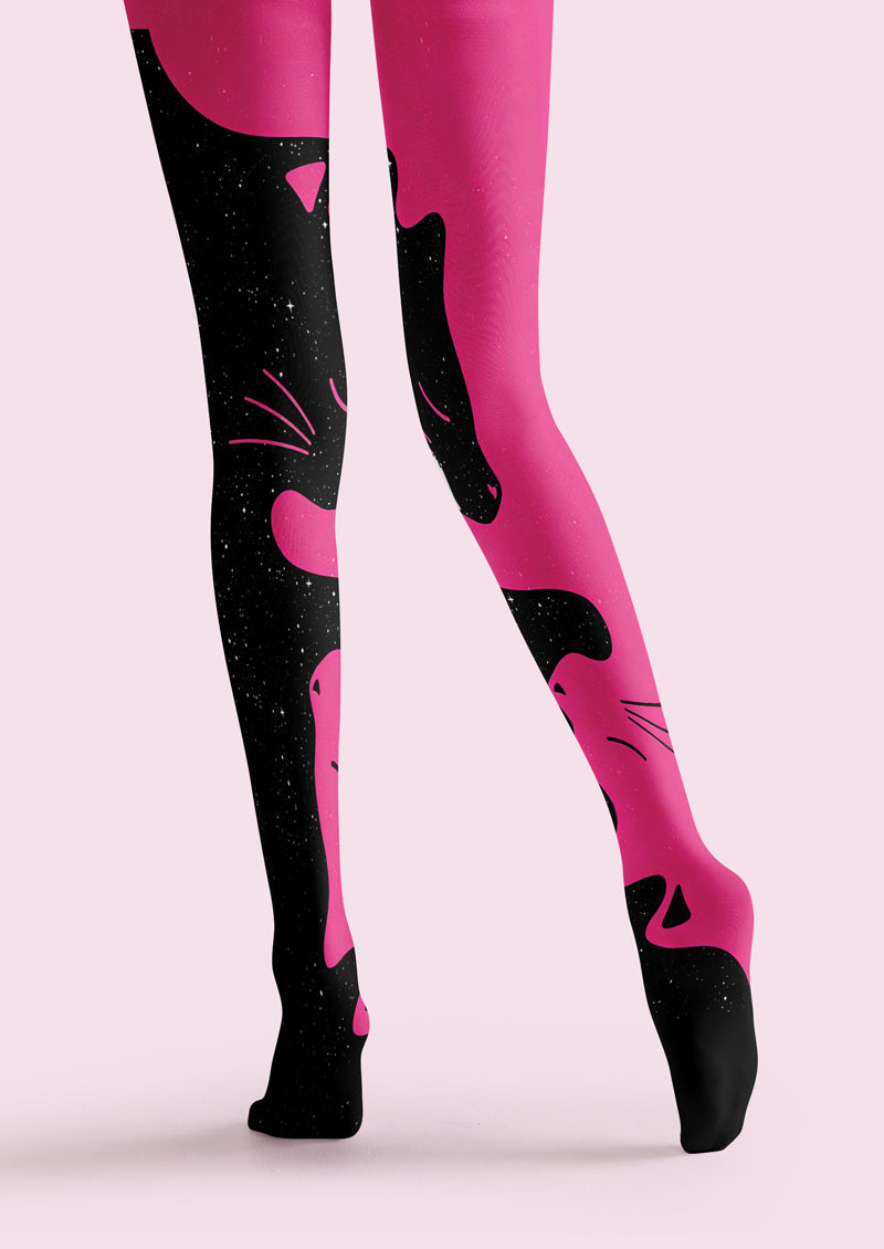 Pink Black Cat Printed Tights Hosiery Pantyhose