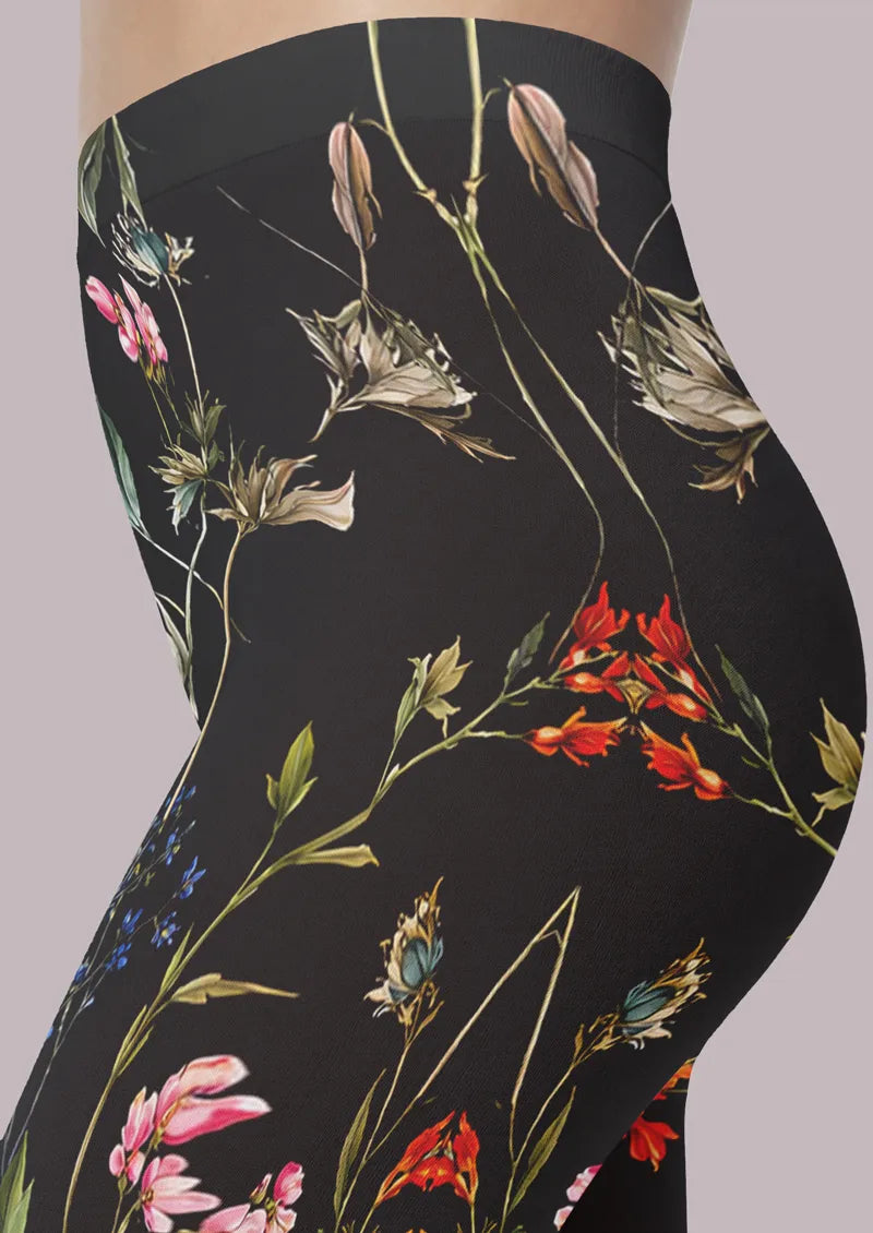 Midnight Wildflower Floral Print Footless Tights Hosiery Leggings