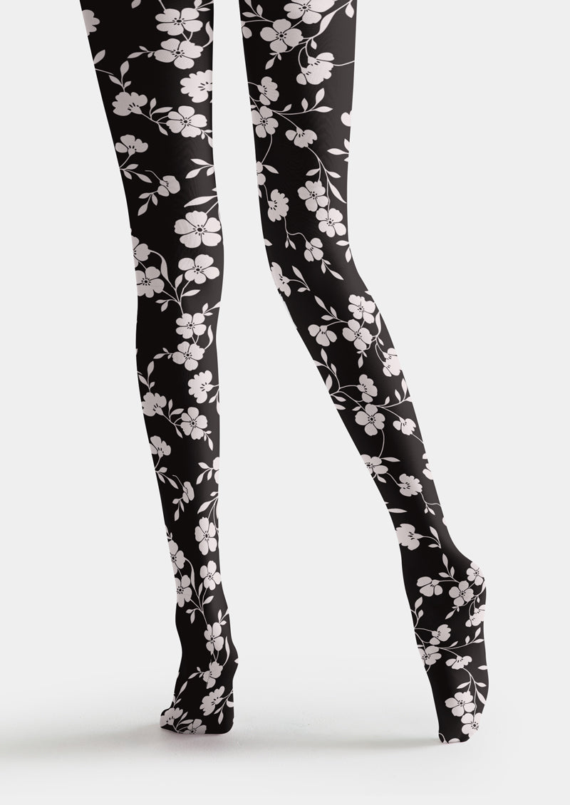 Black White Floral Printed Tights Hosiery Pantyhose