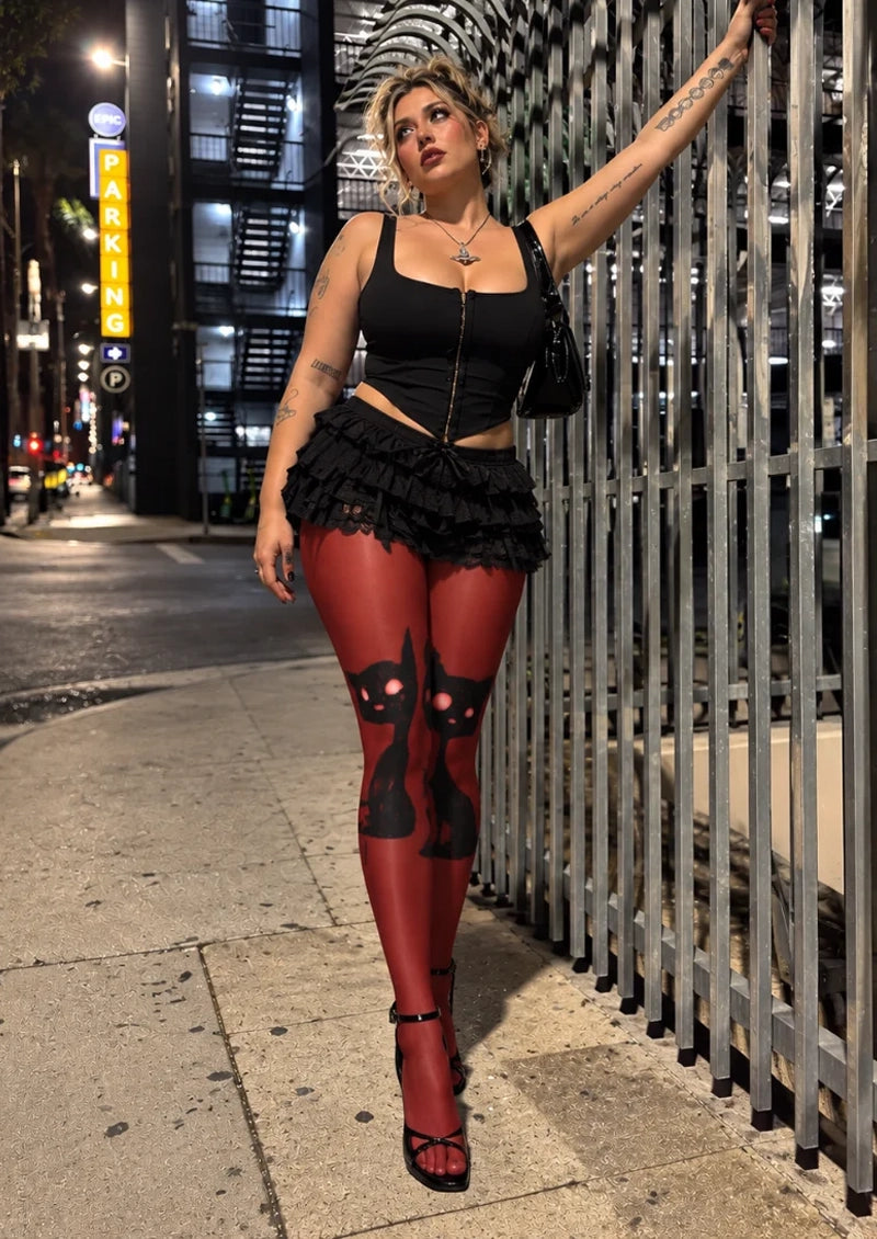 Burgundy Black Cat Tights