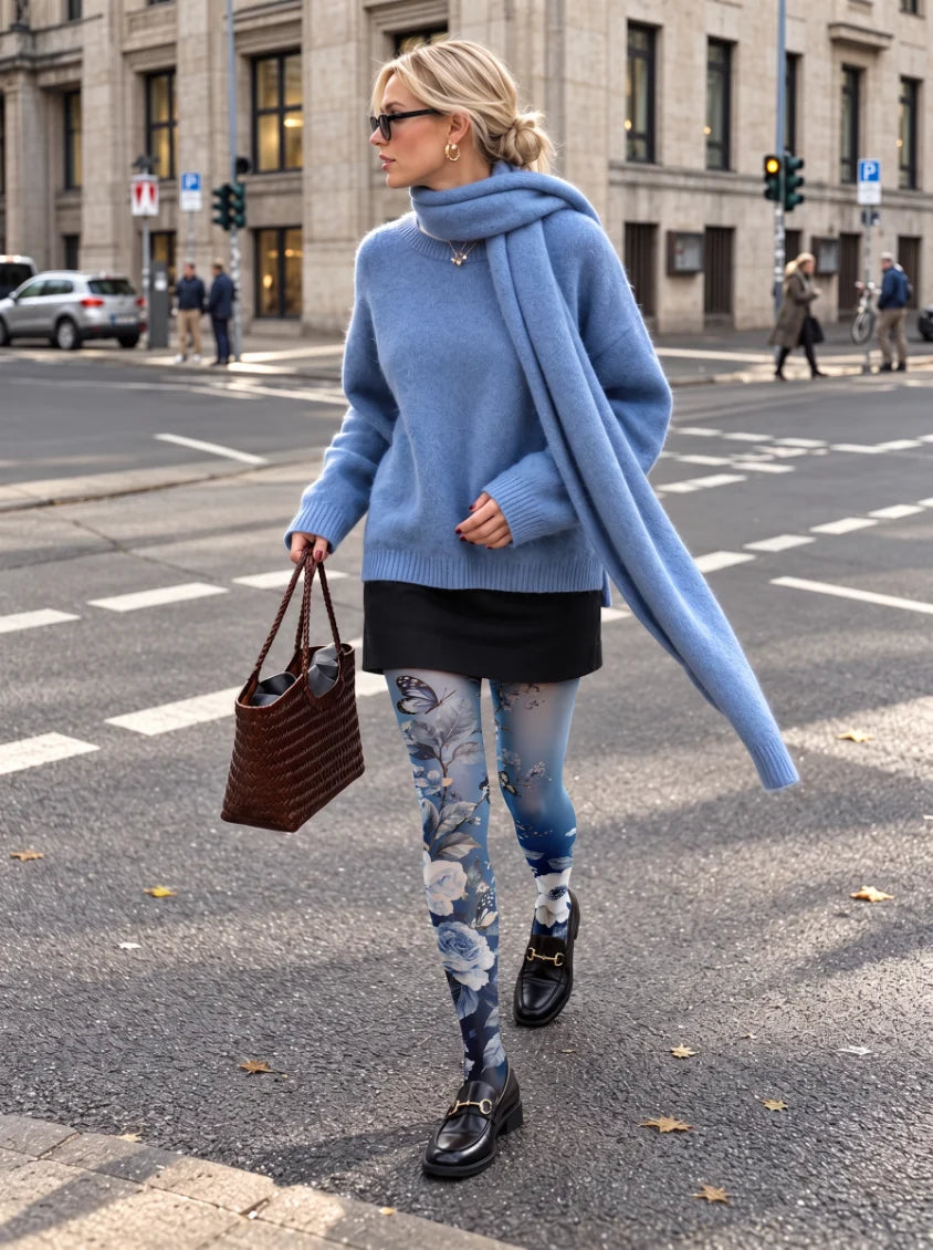 Blue Floral Butterfly Tights