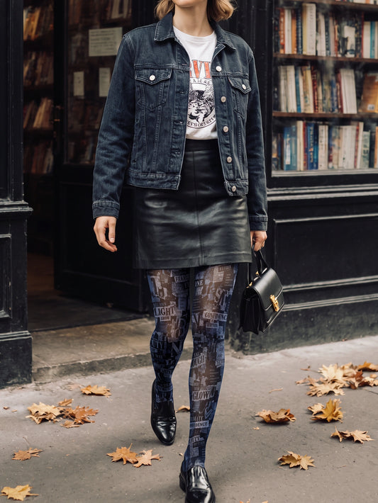 Black Newspaper Collage Tights