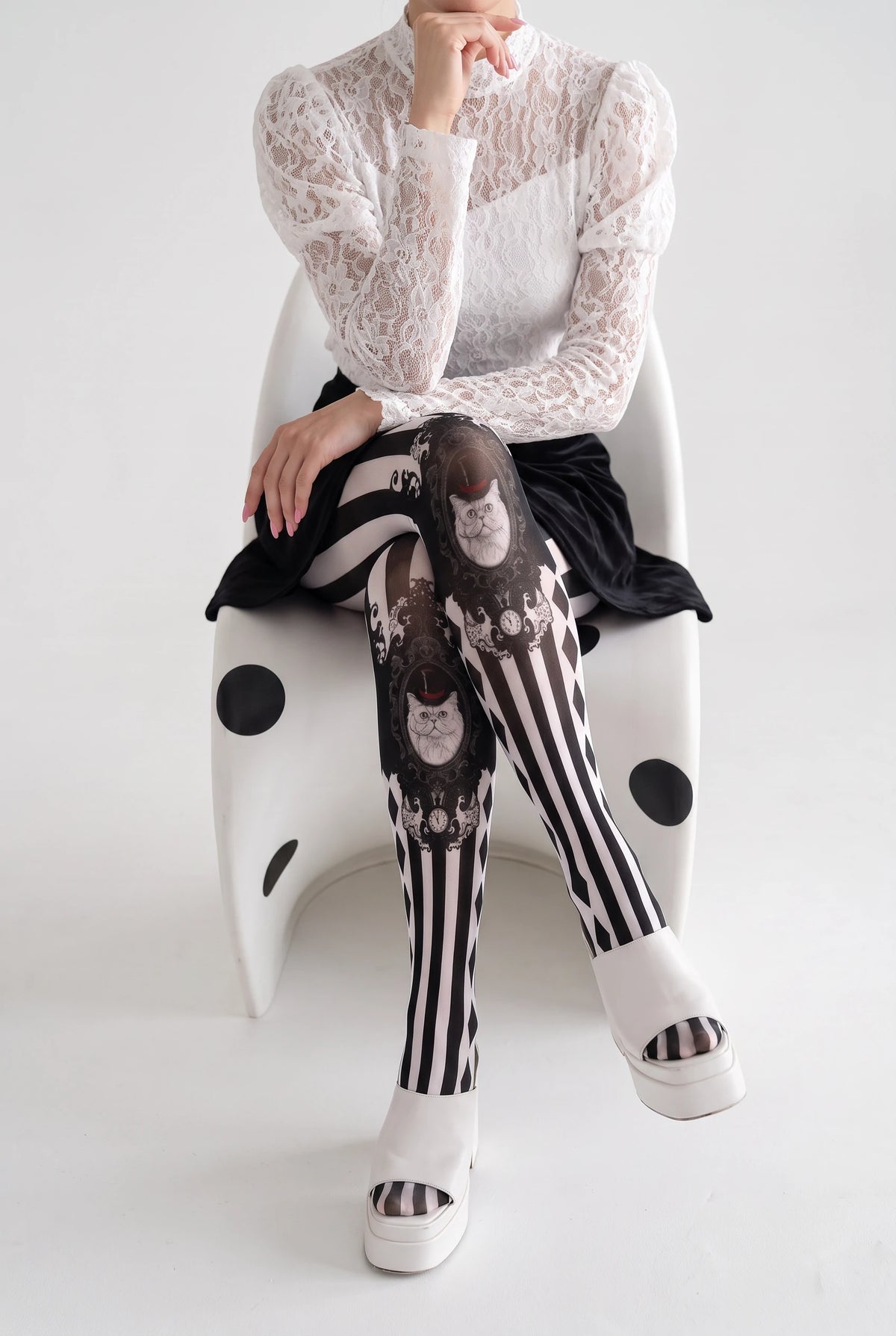 White Cat Portrait Stripe Tights