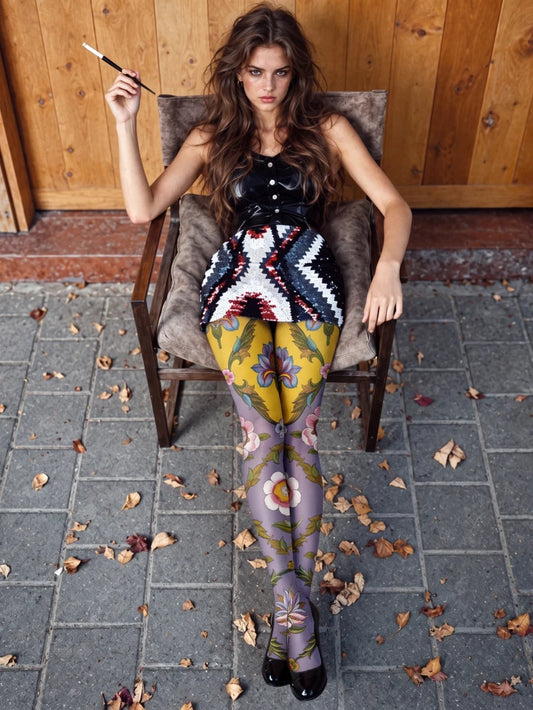 Yellow Purple Ornamental Floral Tights