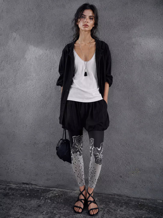 Black Floral Print Footless Tights Hosiery Leggings