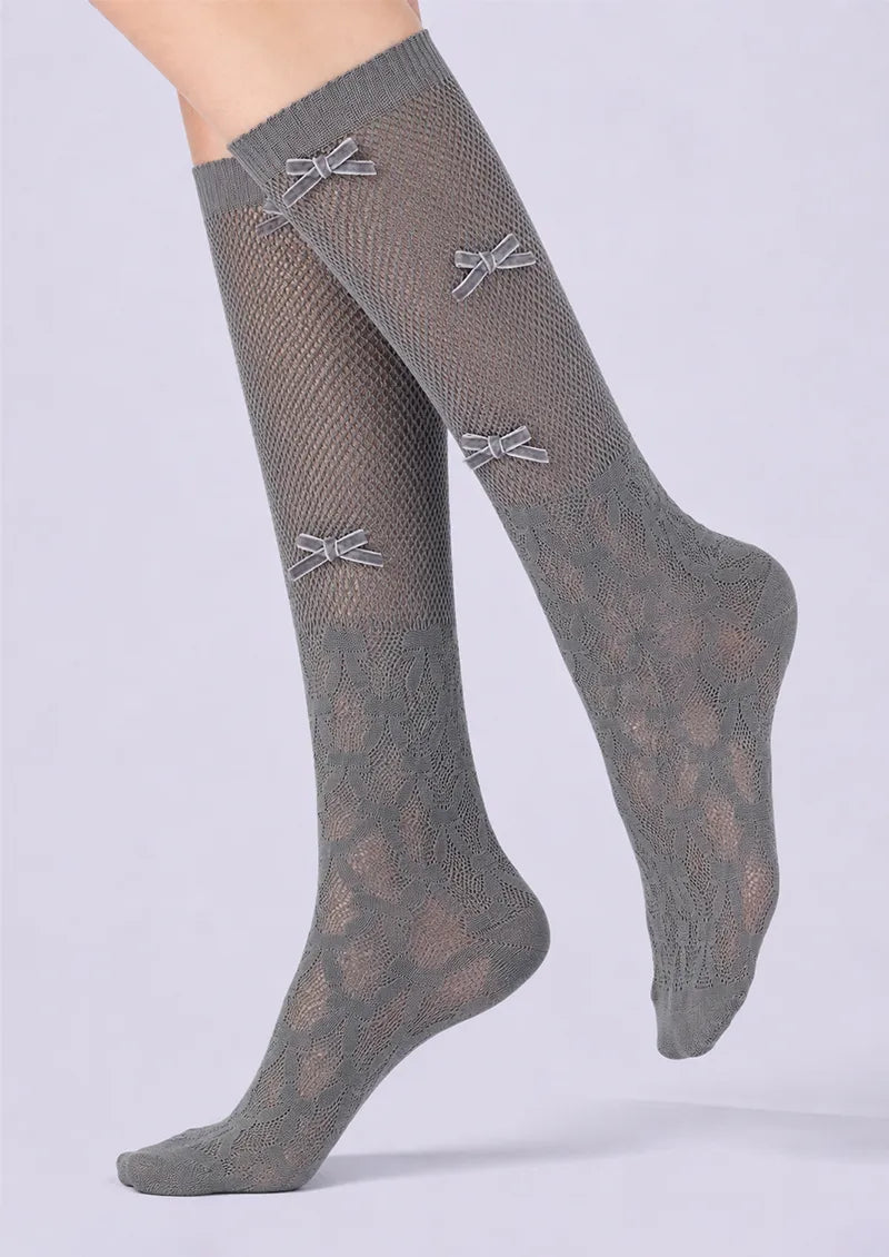 Charcoal Bow Lace Mesh Knee-High Socks