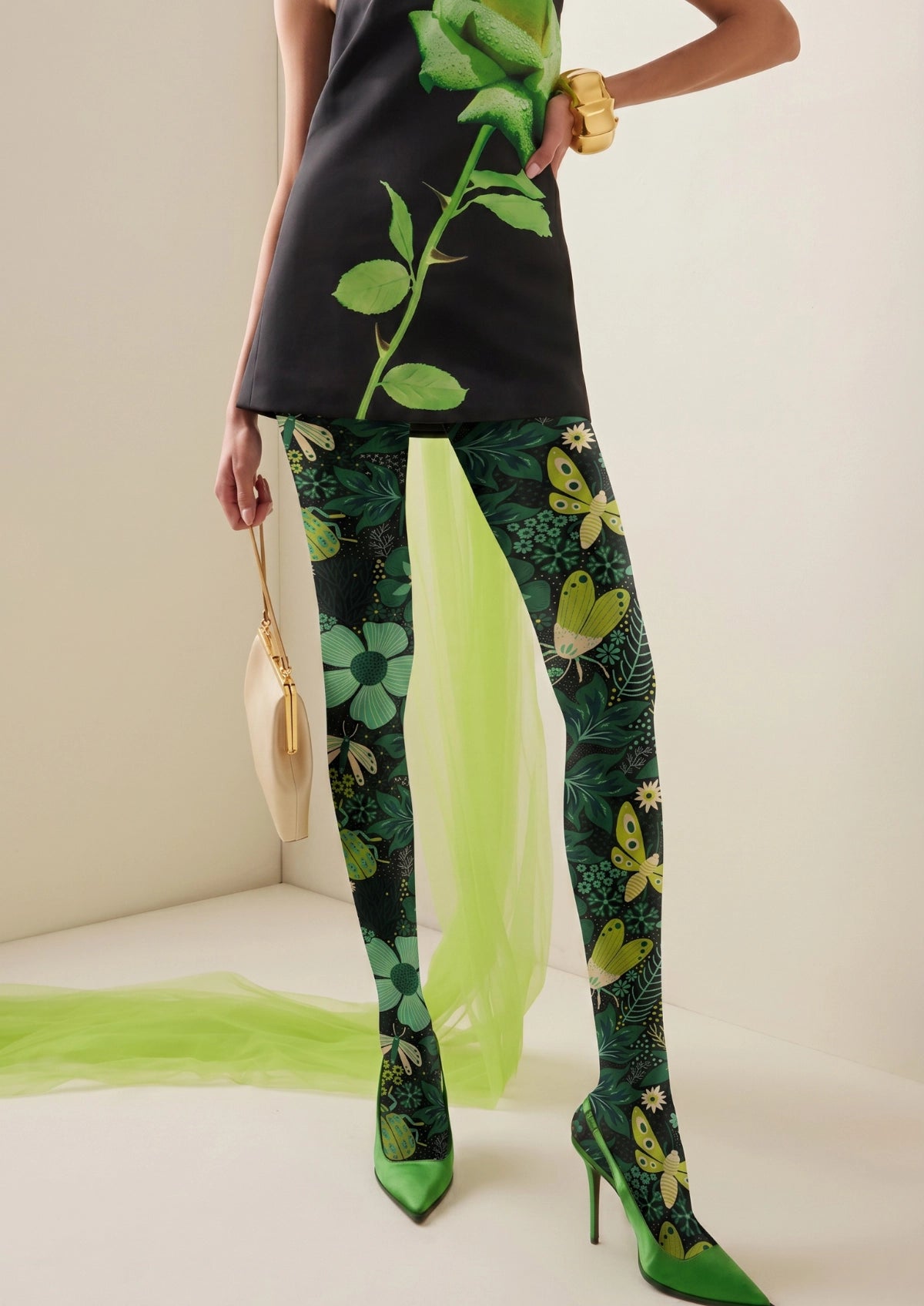 Botanical Moth and Floral Print Tights Hosiery Pantyhose