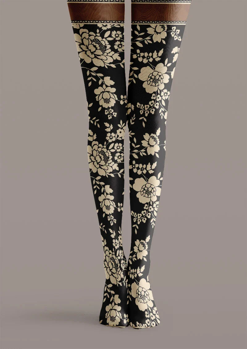 Vintage Floral Print Tights Hosiery Pantyhose