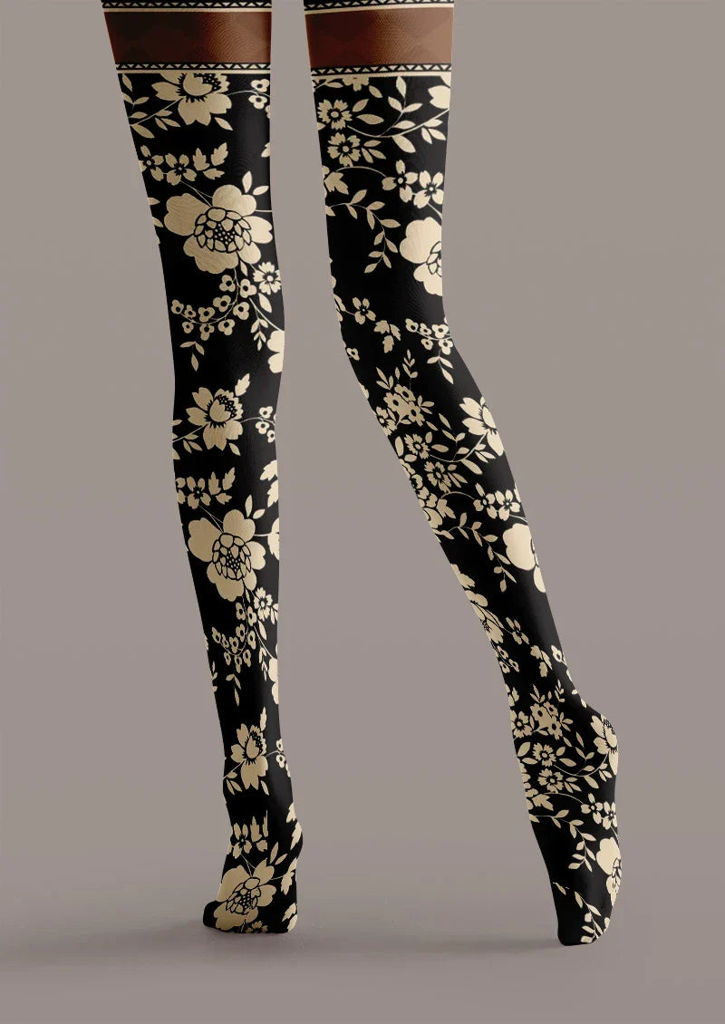 Vintage Floral Print Tights Hosiery Pantyhose