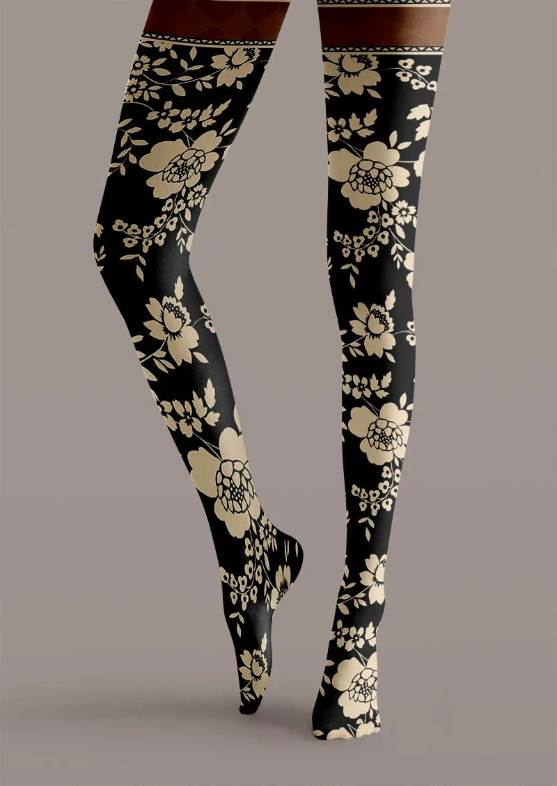 Vintage Floral Print Tights Hosiery Pantyhose