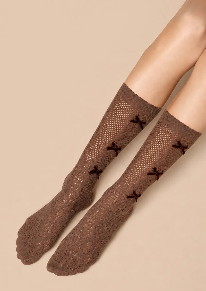 Mocha Bow Lace Mesh Knee-High Socks