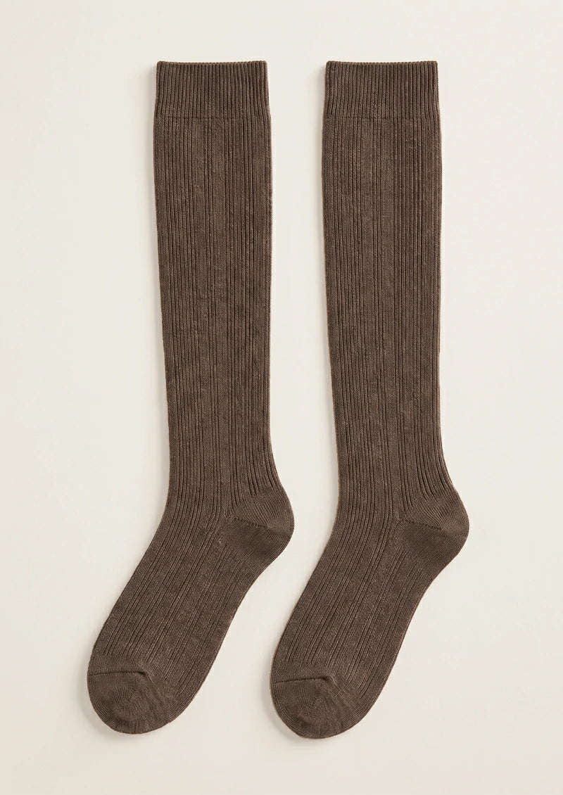 Solid Ribbed Knee-High Socks