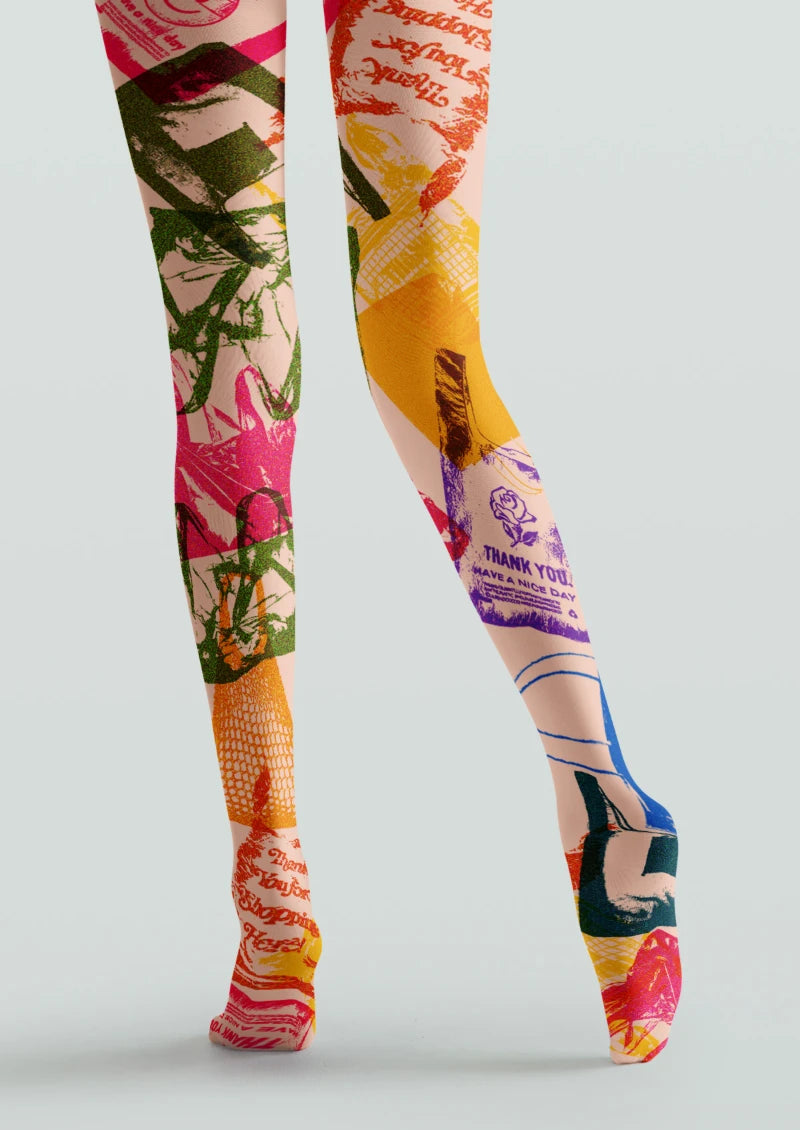 Beige Graphic Collage Tights