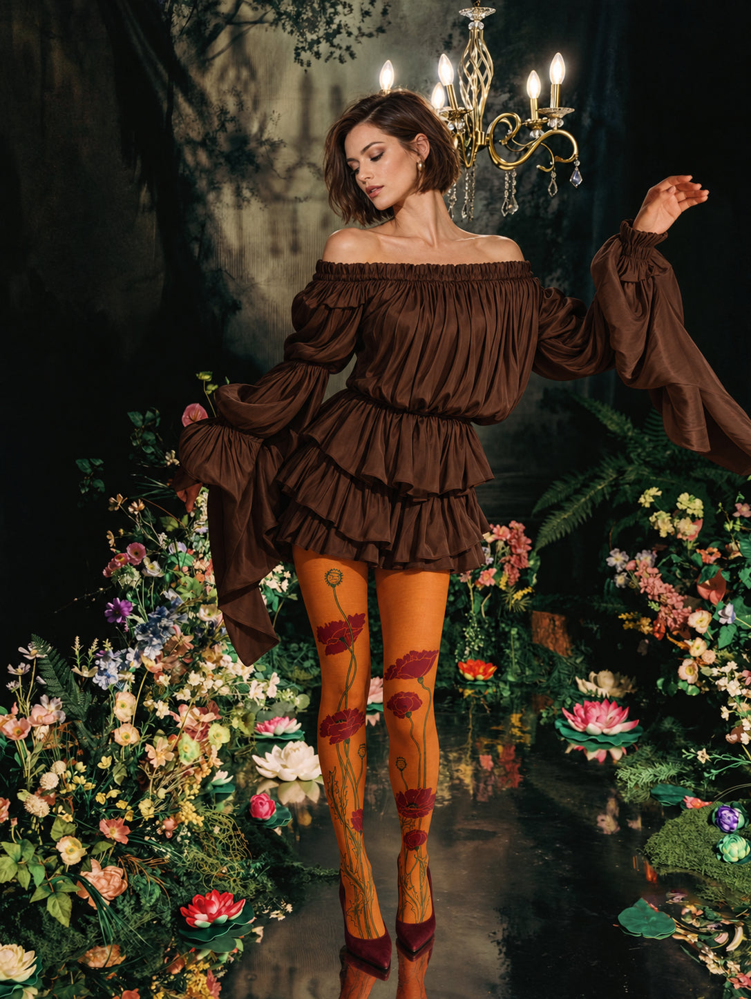 Orange Red Poppy Floral Tights